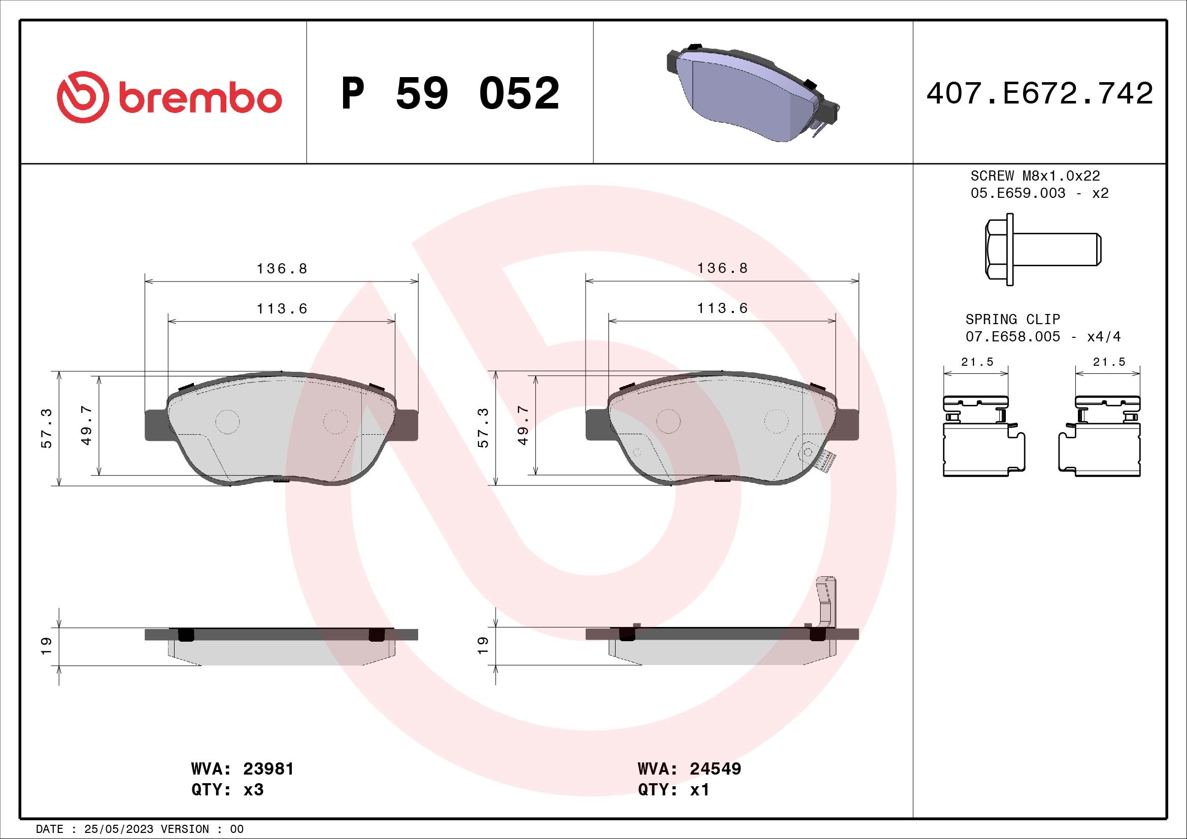 A.B.S. P 59 052 BREMBO Bremsbelagsatz, Scheibenbremse
